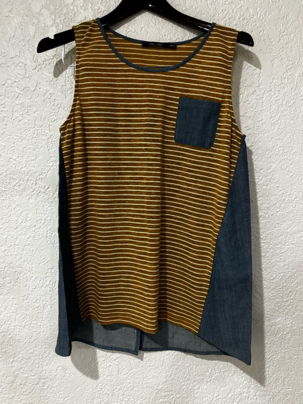 Doe & Rae Mustard Striped Short Sleeve Tee with Blue Chambray Pocket